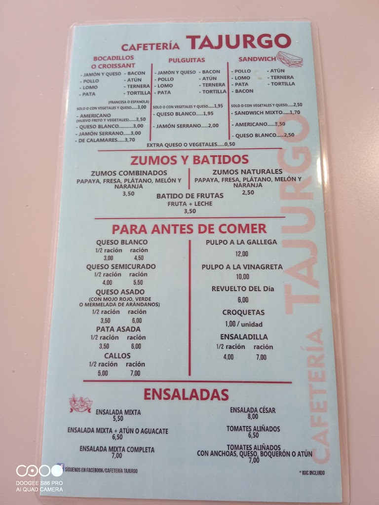 Cafeteria Tajurgo — Carta