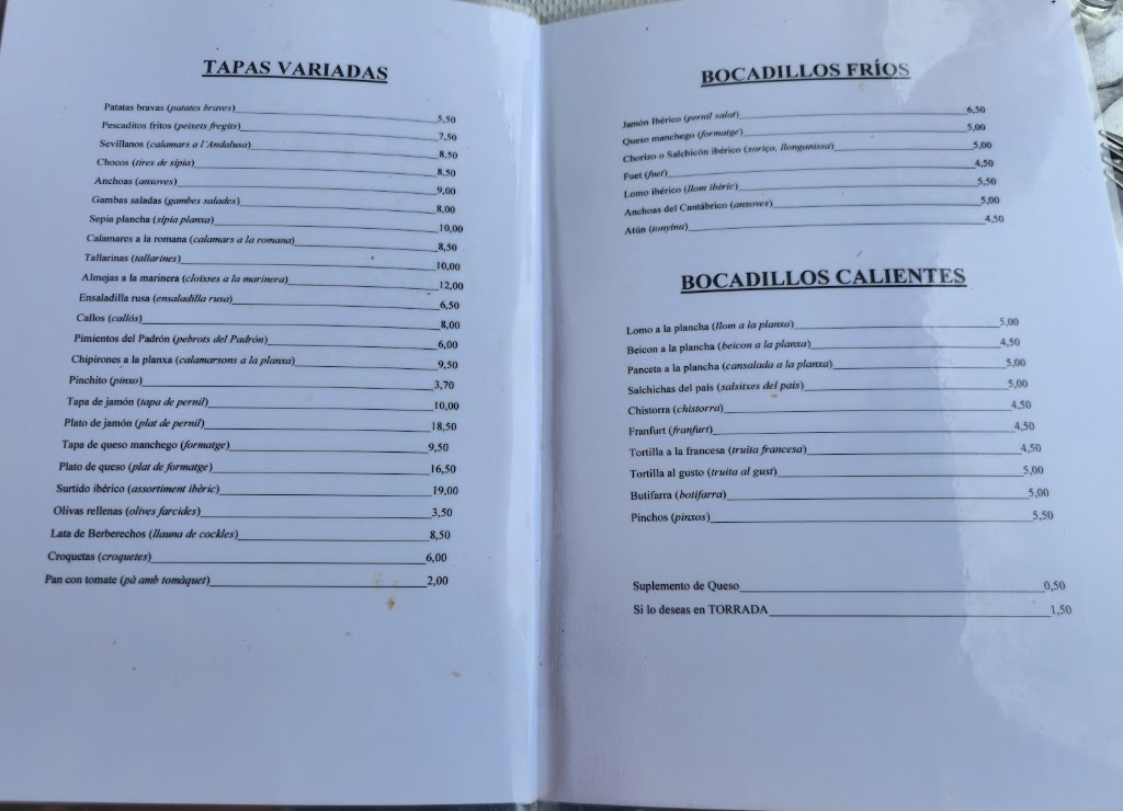 Bar La Familia - Vendrell — Carta