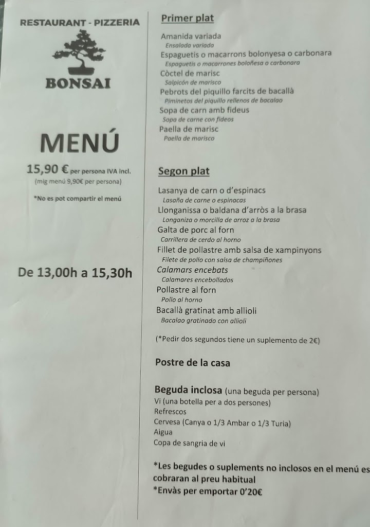 Restaurant Bonsai — Carta