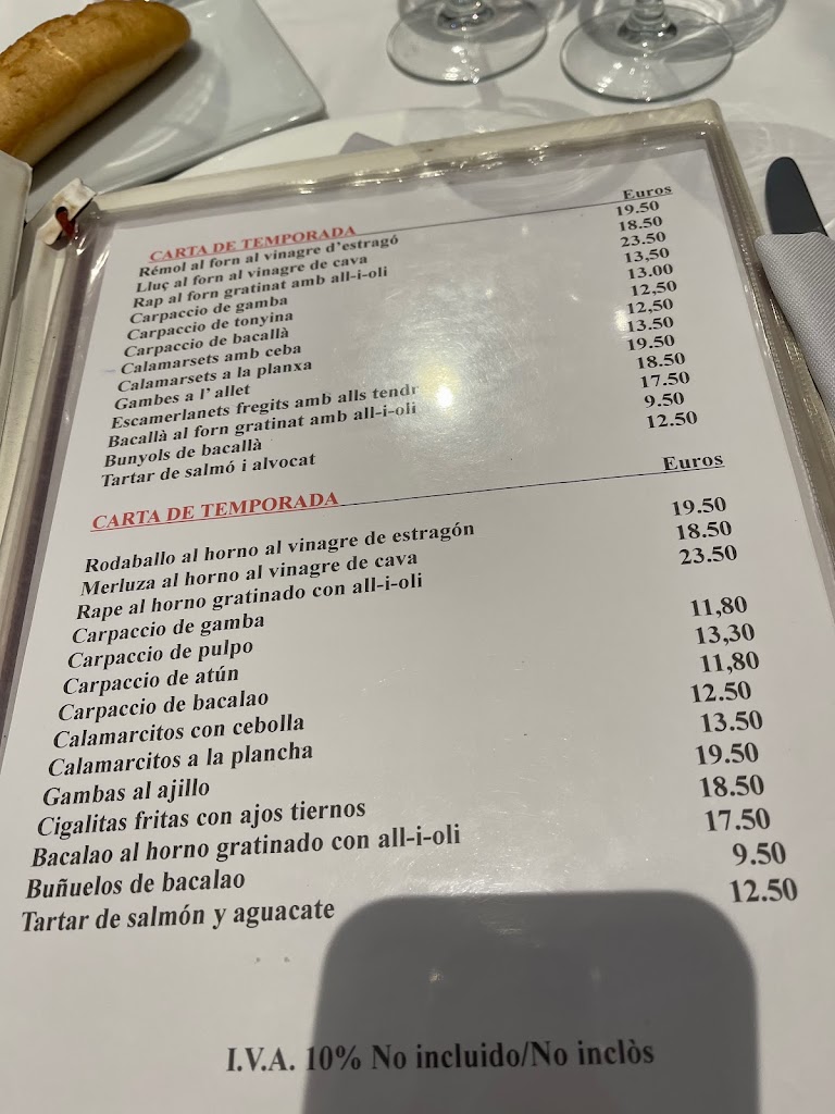 Restaurant Montserrat — Carta