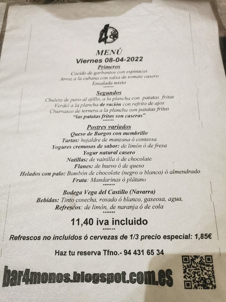 Bar restaurante 4monos — Carta