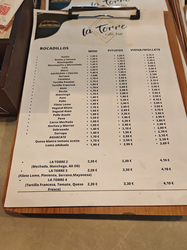LA TORRE CAFE BAR RESTAURANTE — Carta