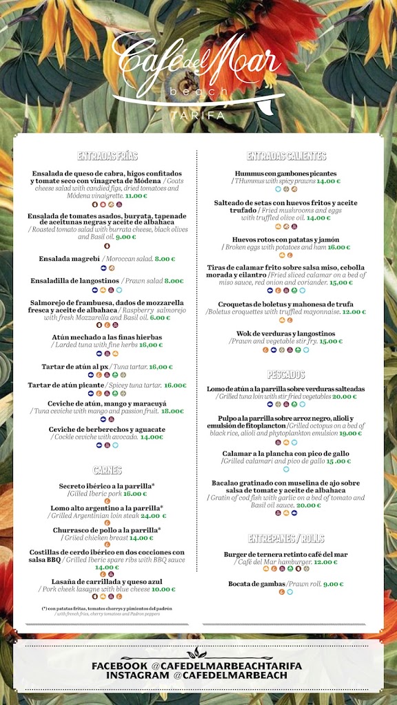 Cafe del Mar Beach Restaurante Bar — Carta