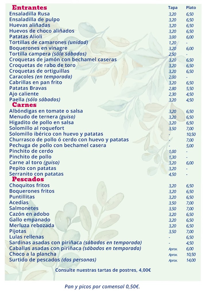 Cafe Bar las Canas — Carta