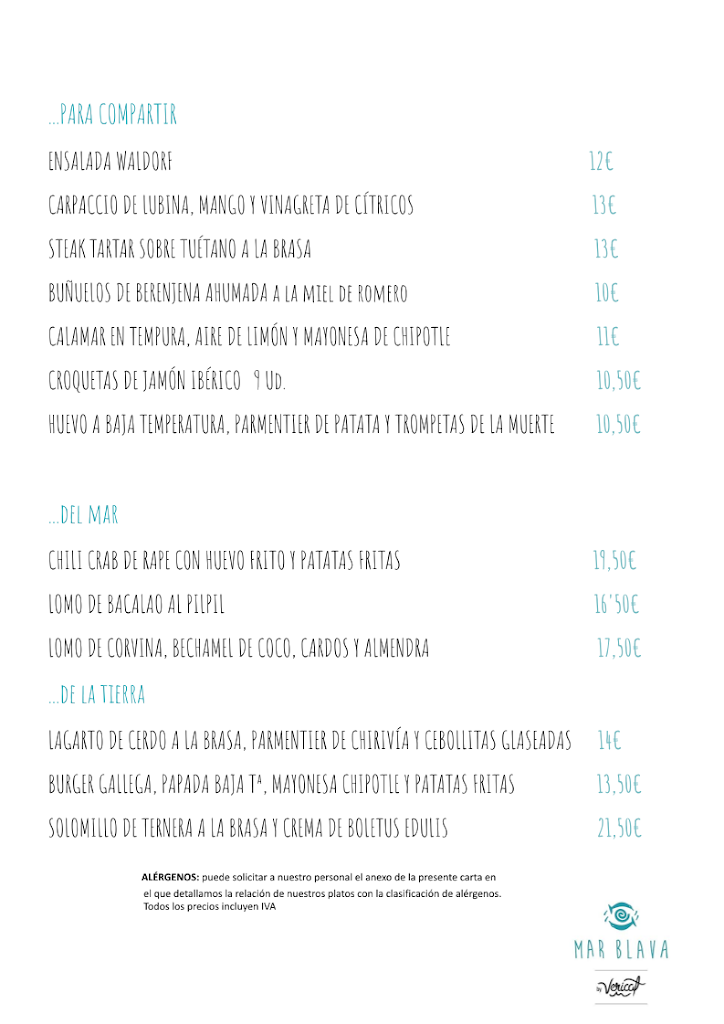 MAR BLAVA RESTAURANTE — Carta