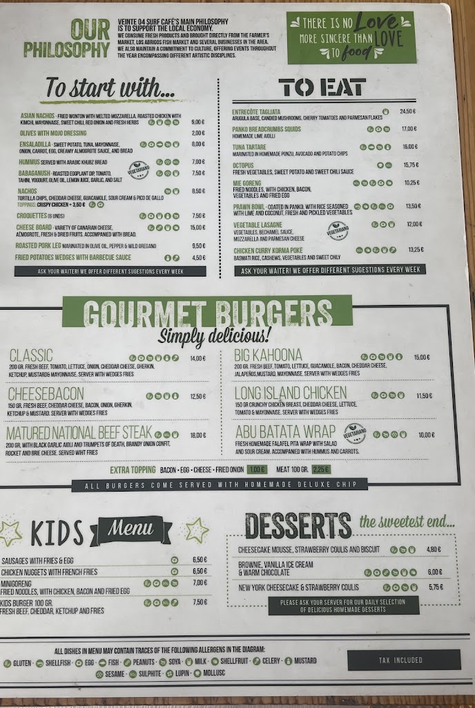 Veinte 04 Surf Cafe — Carta