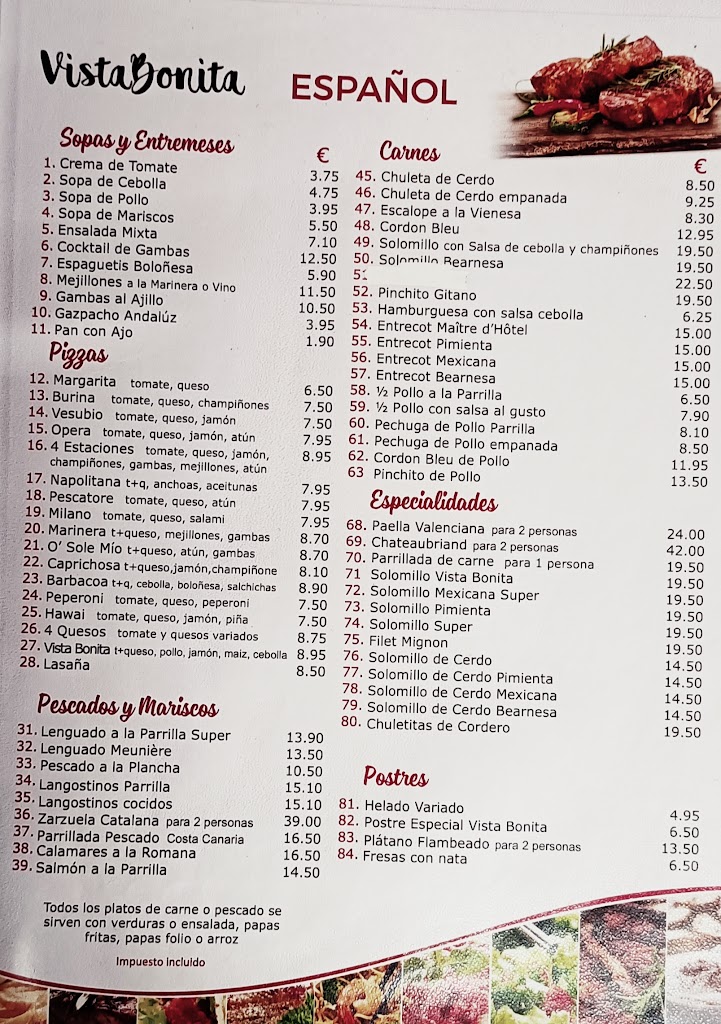 Restaurante Vista Bonita Sonnenland — Carta