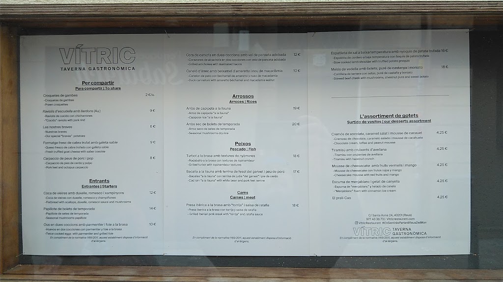 VITRIC Taverna Gastronomica — Carta