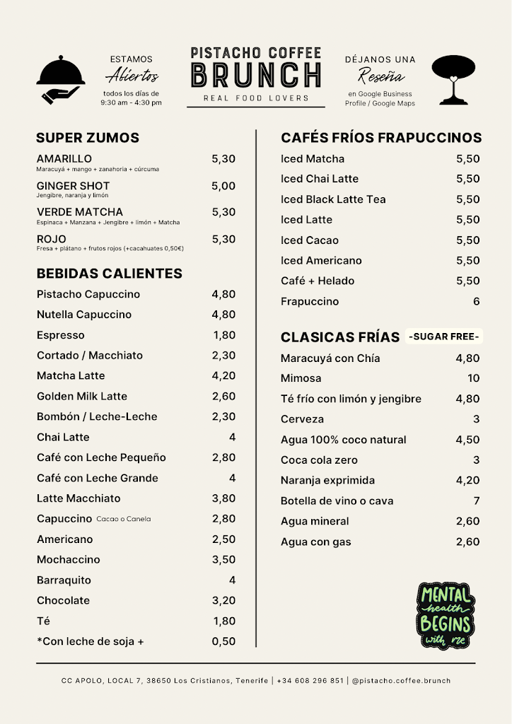 Pistacho Coffee Brunch - Los Cristianos — Carta