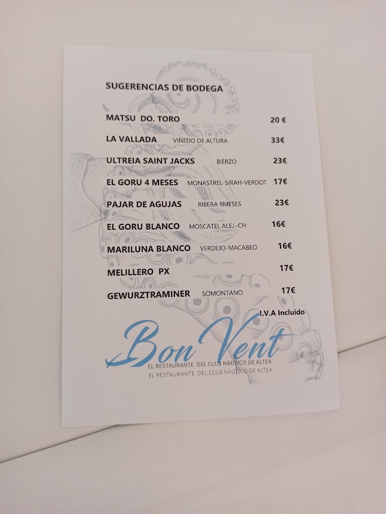 Bon Vent. Restaurante Club Nautico de Altea — Carta