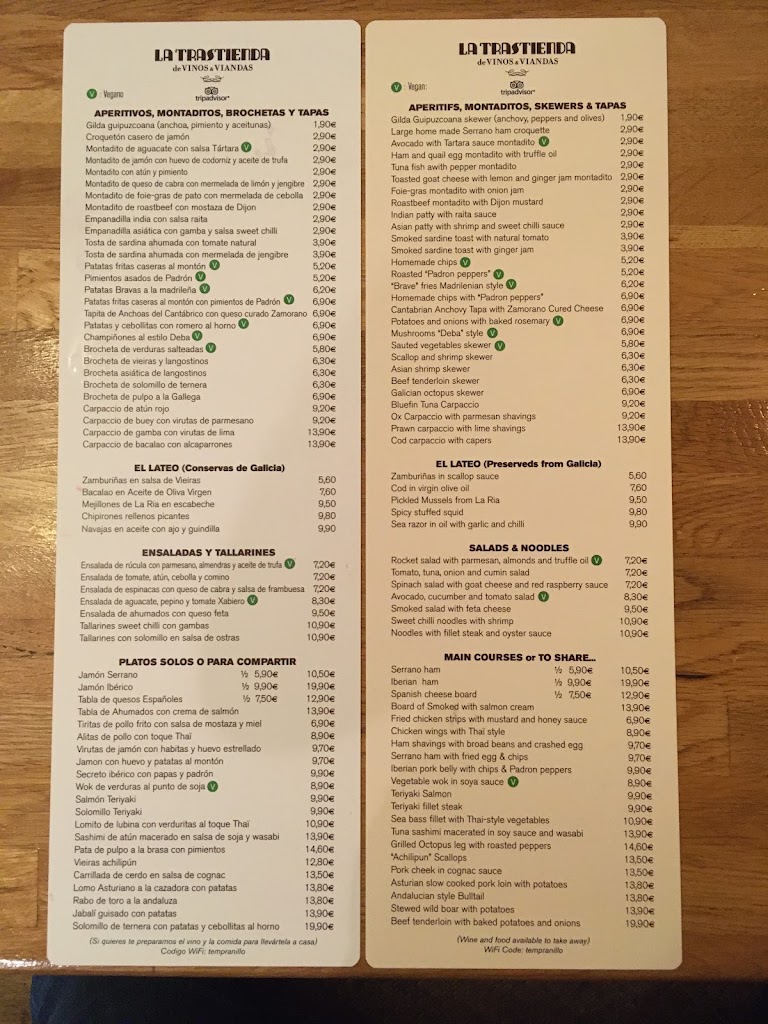 La Trastienda Wine Bar — Carta