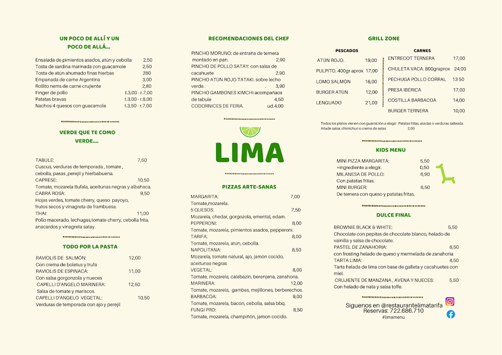 Restaurante Lima Tarifa — Carta
