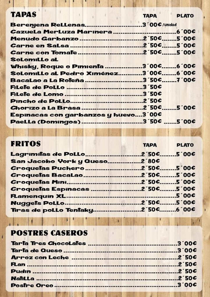 Bar Los Faroles — Carta