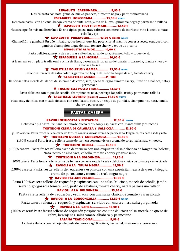 Italian Village Restaurante Pizzeria y comida Hindu — Carta