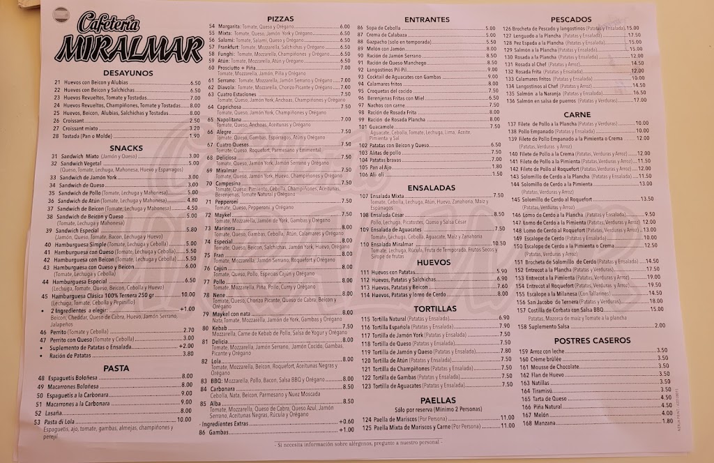 Cafeteria Miralmar — Carta