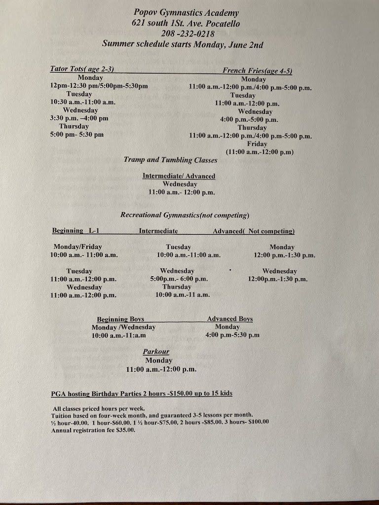  Popov Gymnastics Academy, Inc.