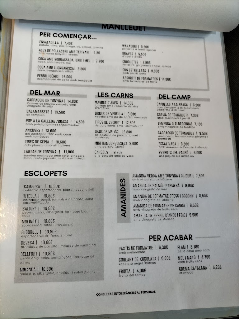 MANLLEUET Cerveseria Restaurant — Carta