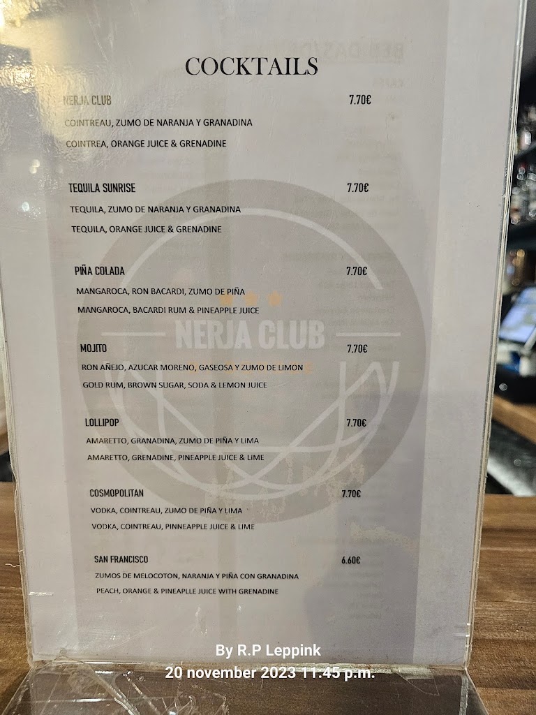 Sport Bar Nerja Club — Carta
