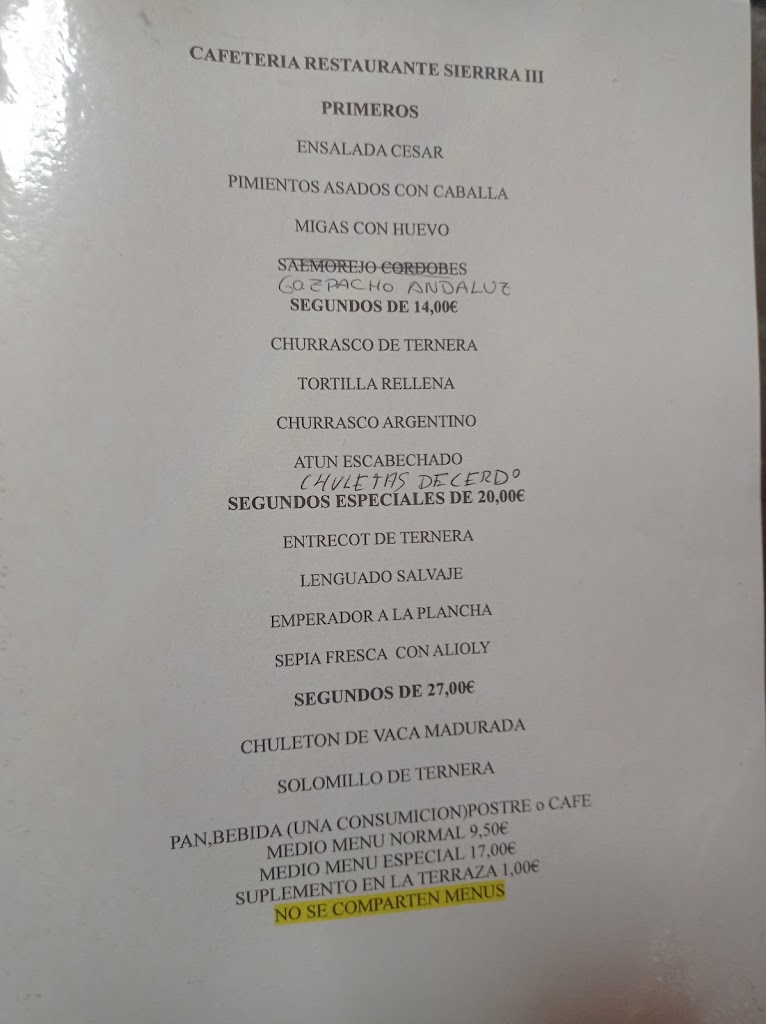 Cafeteria Sierra III — Carta