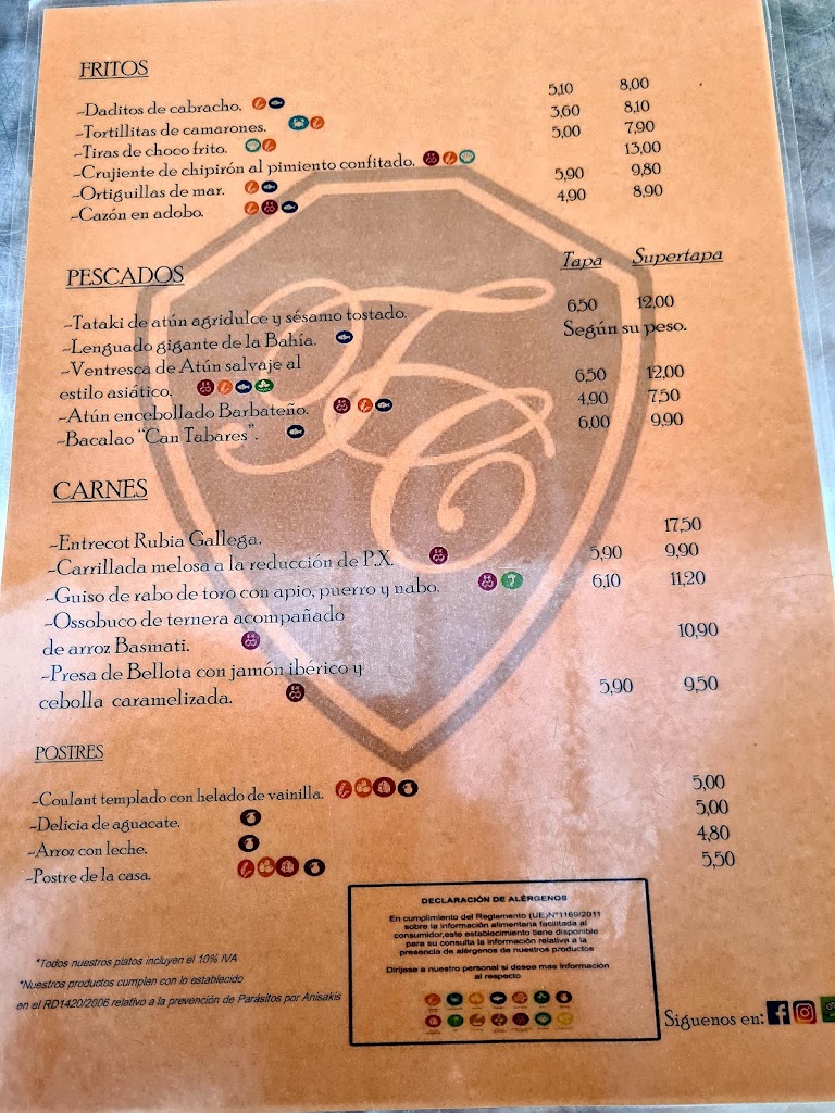 CAN TABARES TAPERIA RESTAURANT — Carta