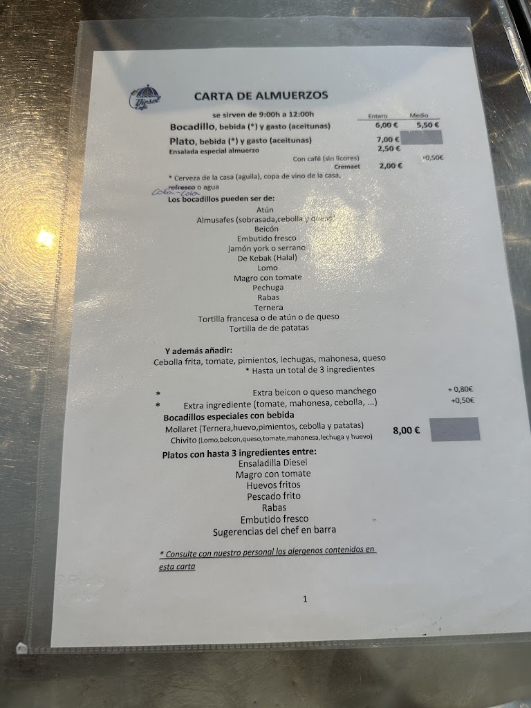 Diesel Cafe Altea — Carta