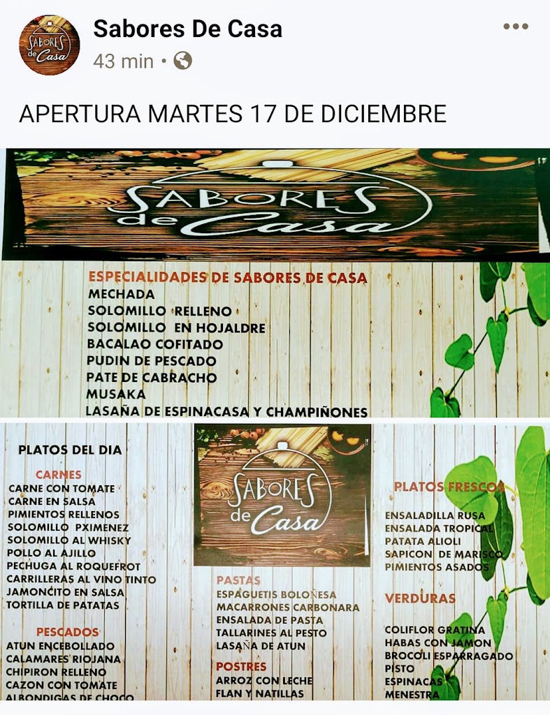 Sabores de casa — Carta