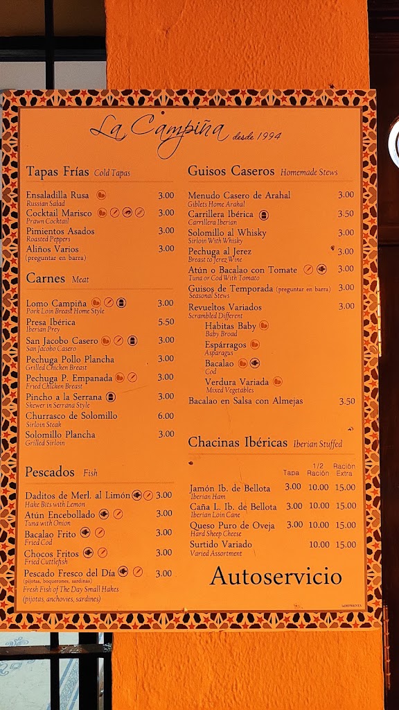 Cafe Bar La Campina — Carta