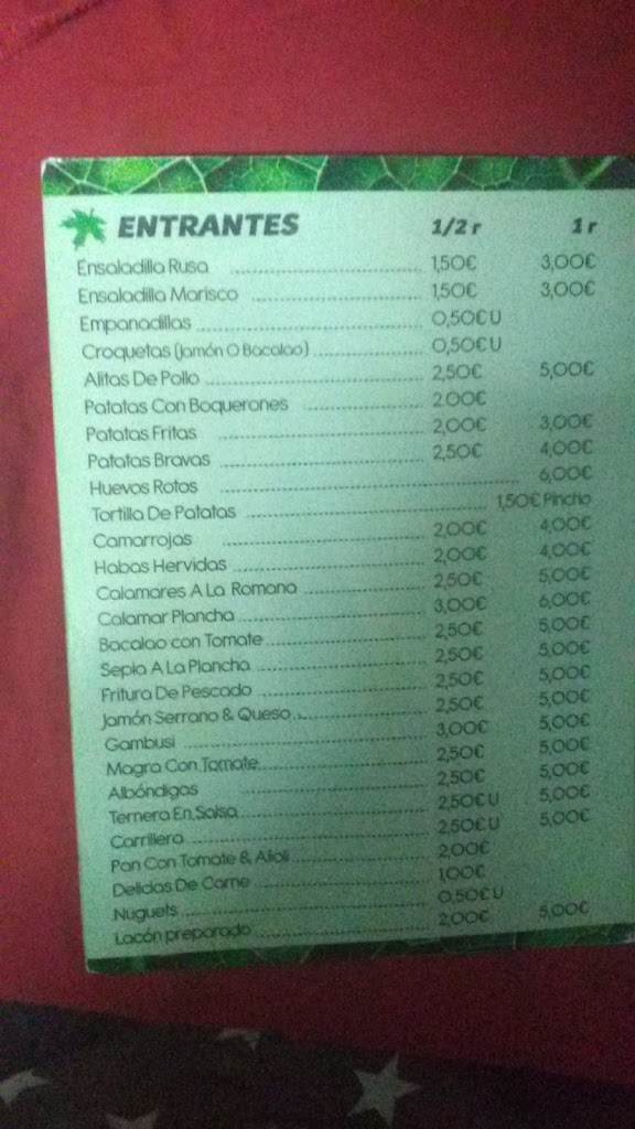 Bar Parque Naturaleza — Carta