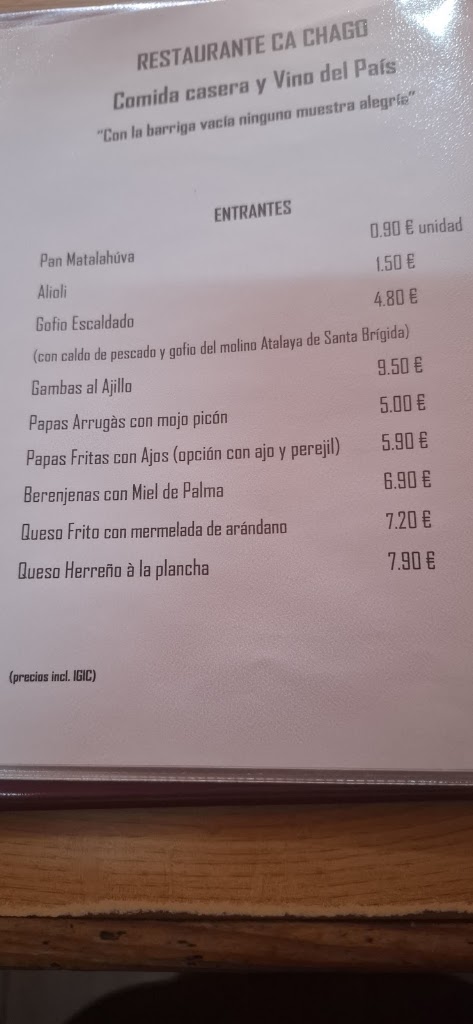 Restaurante Ca' Chago — Carta