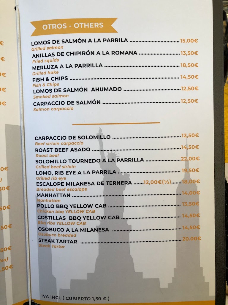 Restaurante Yellow Cab — Carta