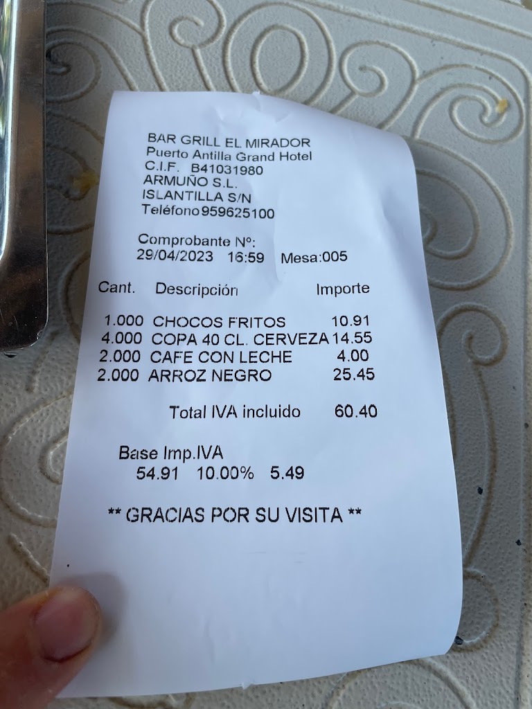 Restaurante El Mirador de Puerto Antilla — Carta