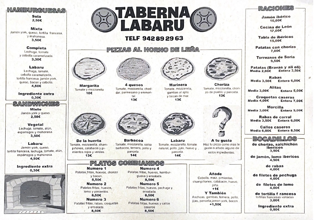 Taberna Labaru Pizzeria-Horno de Lena — Carta