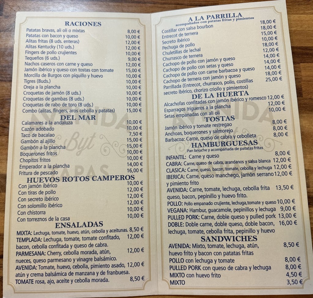 Avenida Byt Tapas Alcala de Henares — Carta