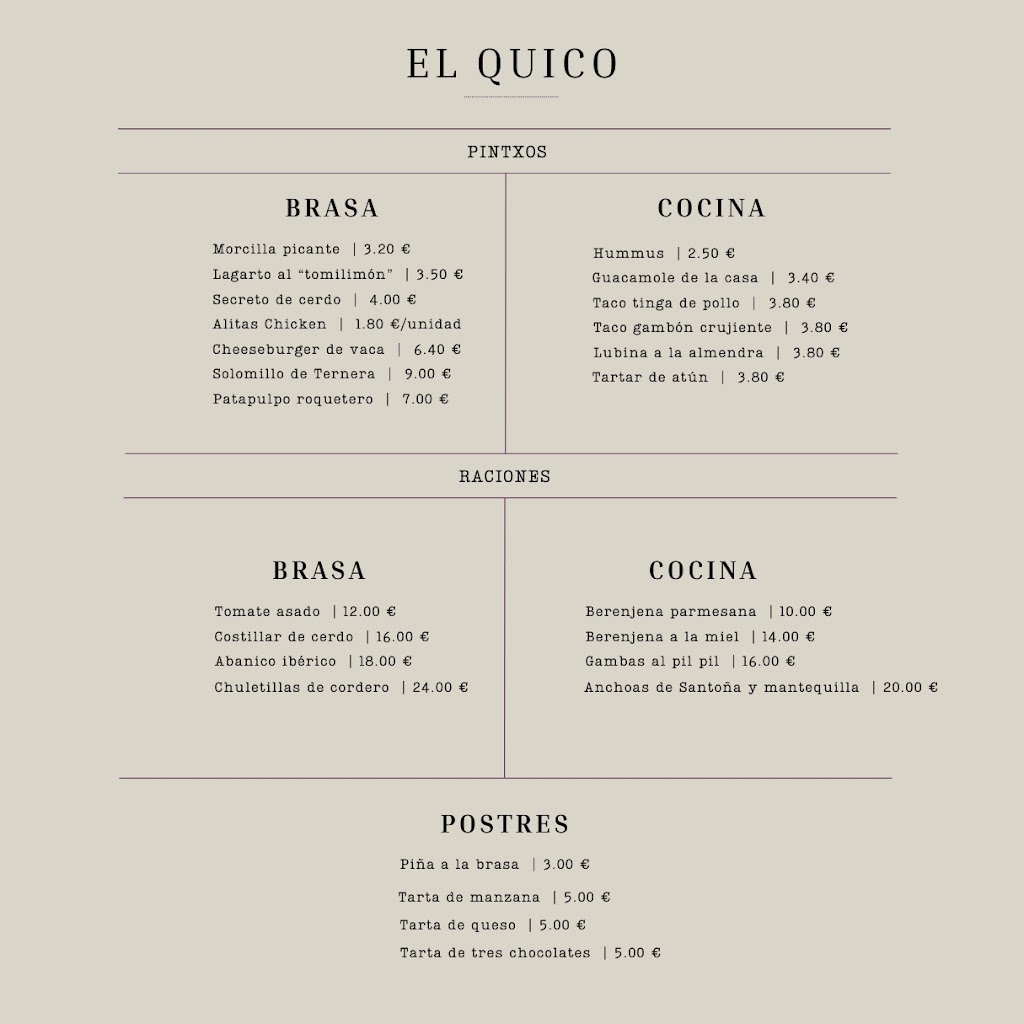 Braseria El Quico — Carta