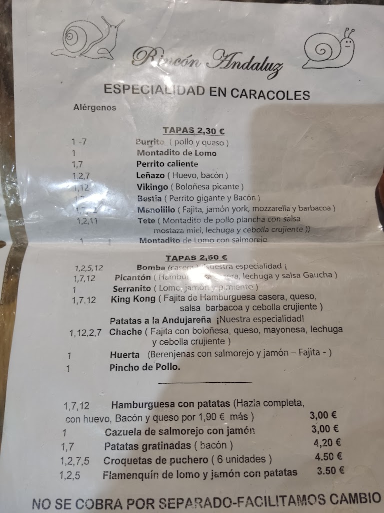 Bar Rincon Andaluz — Carta