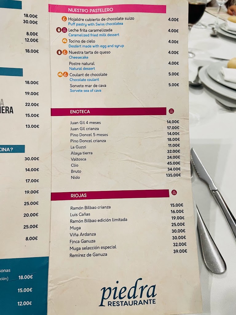 Restaurante Piedra — Carta