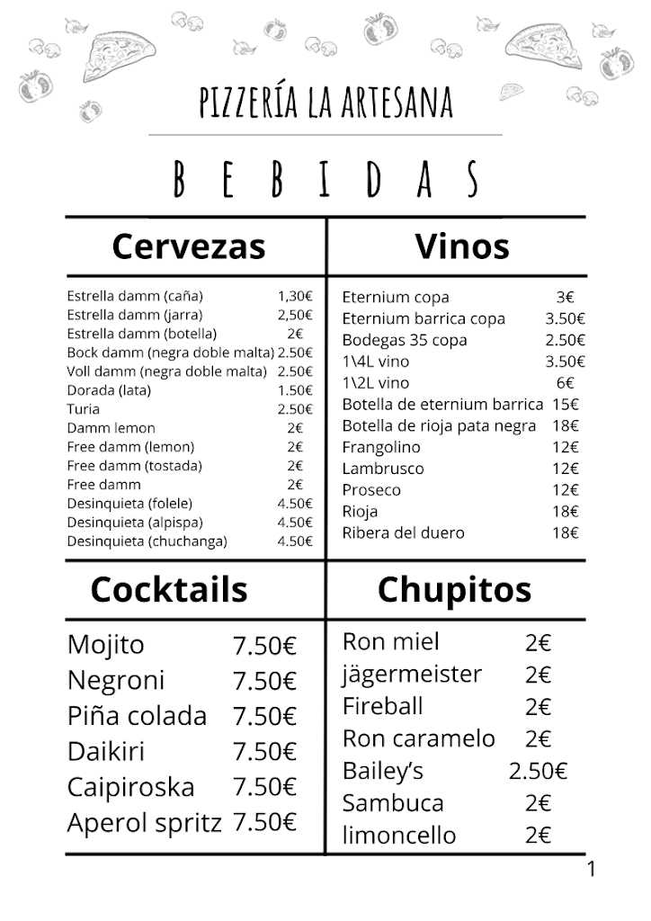 Pizzeria la Artesana — Carta