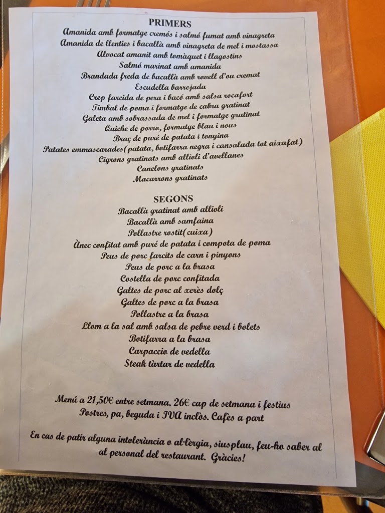 Restaurant El Sorrall — Carta