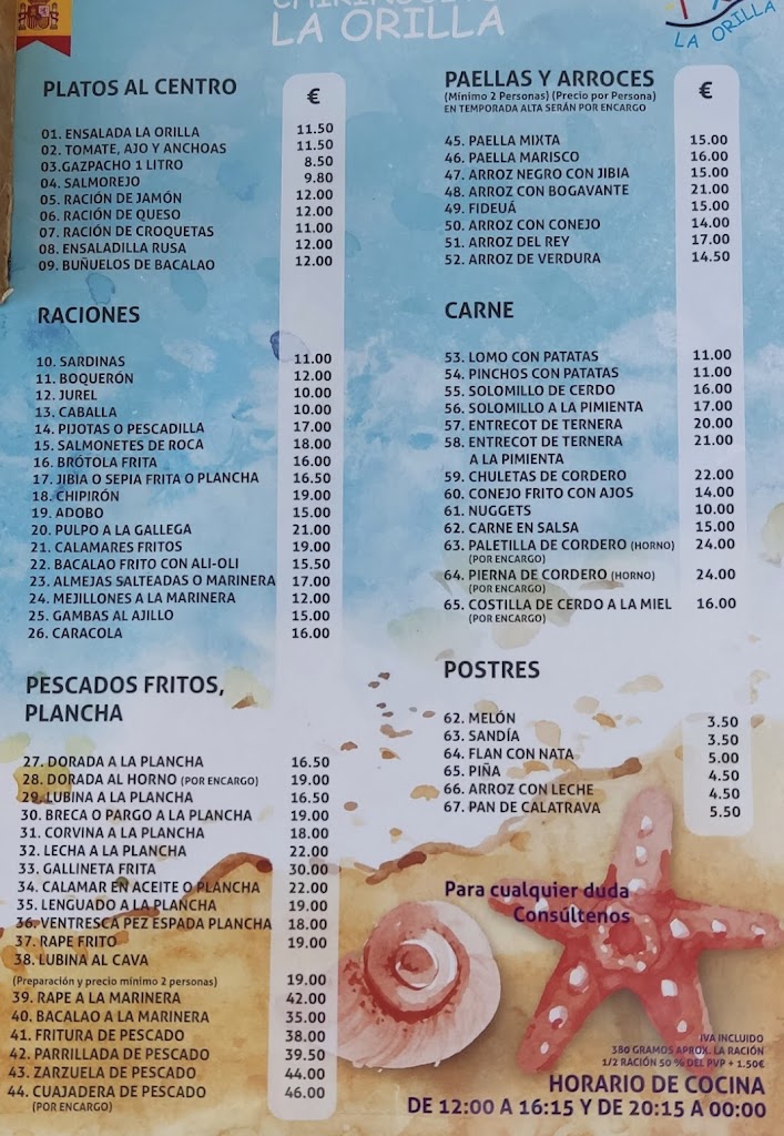 Chiringuito La Orilla — Carta