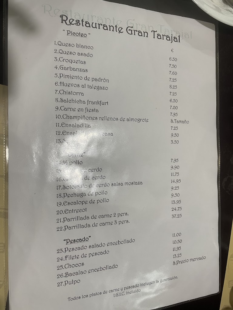 Restaurante Gran Tarajal — Carta
