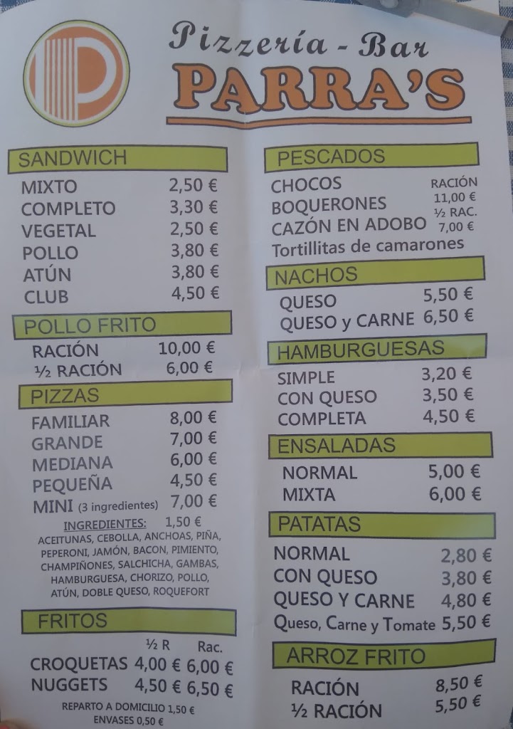 Pizzeria Bar Parra's — Carta