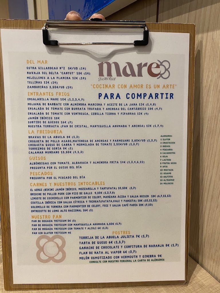 Mare Gastrobar Benicasim — Carta