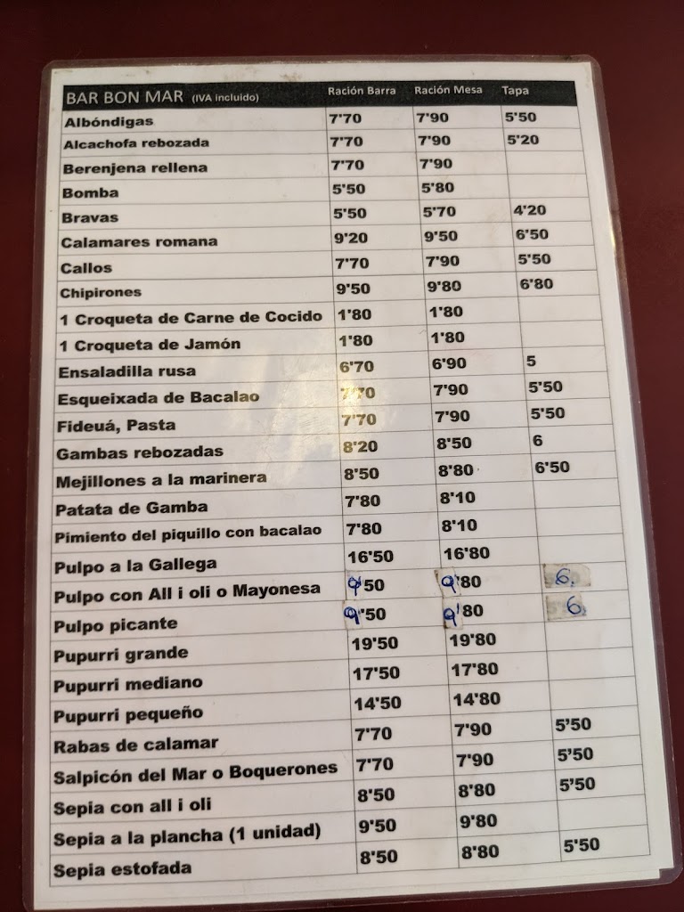Bar Bon-Mar — Carta