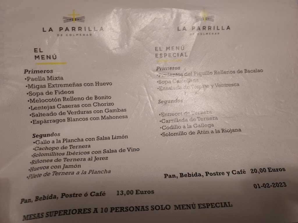 Restaurante El asador de Colmenar — Carta
