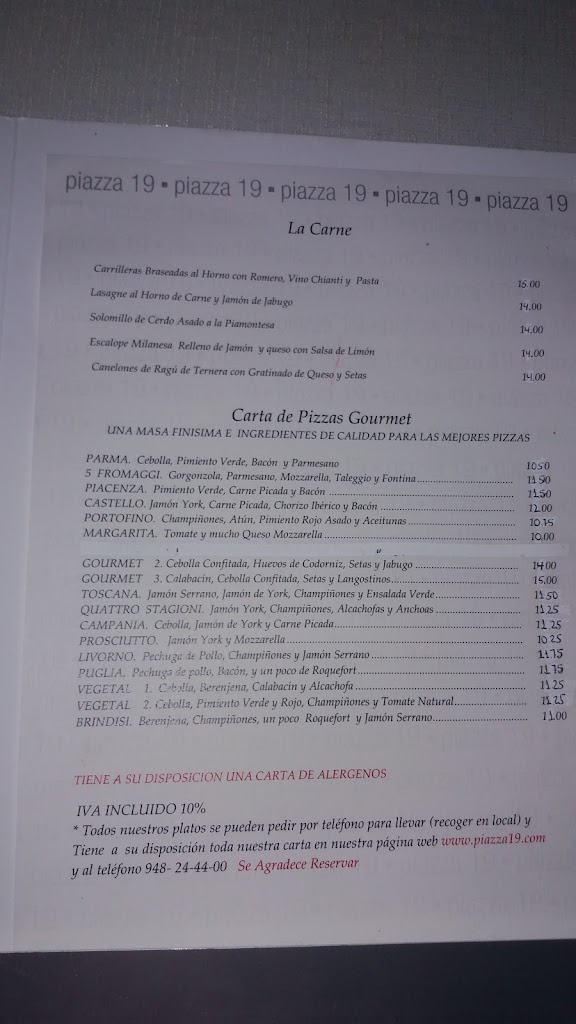 Restaurante Piazza 19 — Carta
