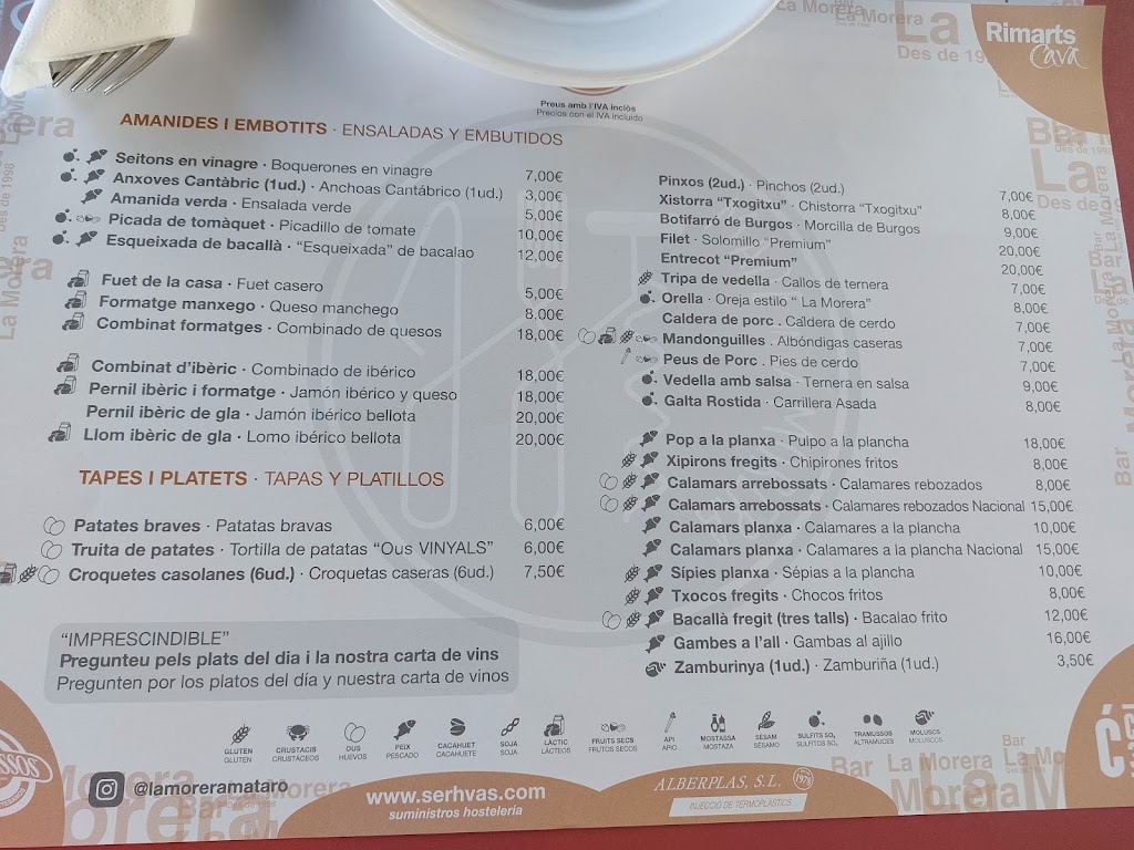 Bar La Morera Mataro — Carta