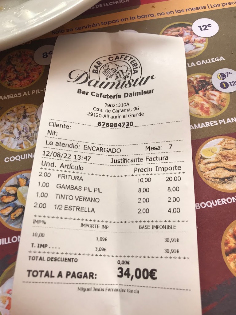 Bar Cafeteria Daimisur — Carta