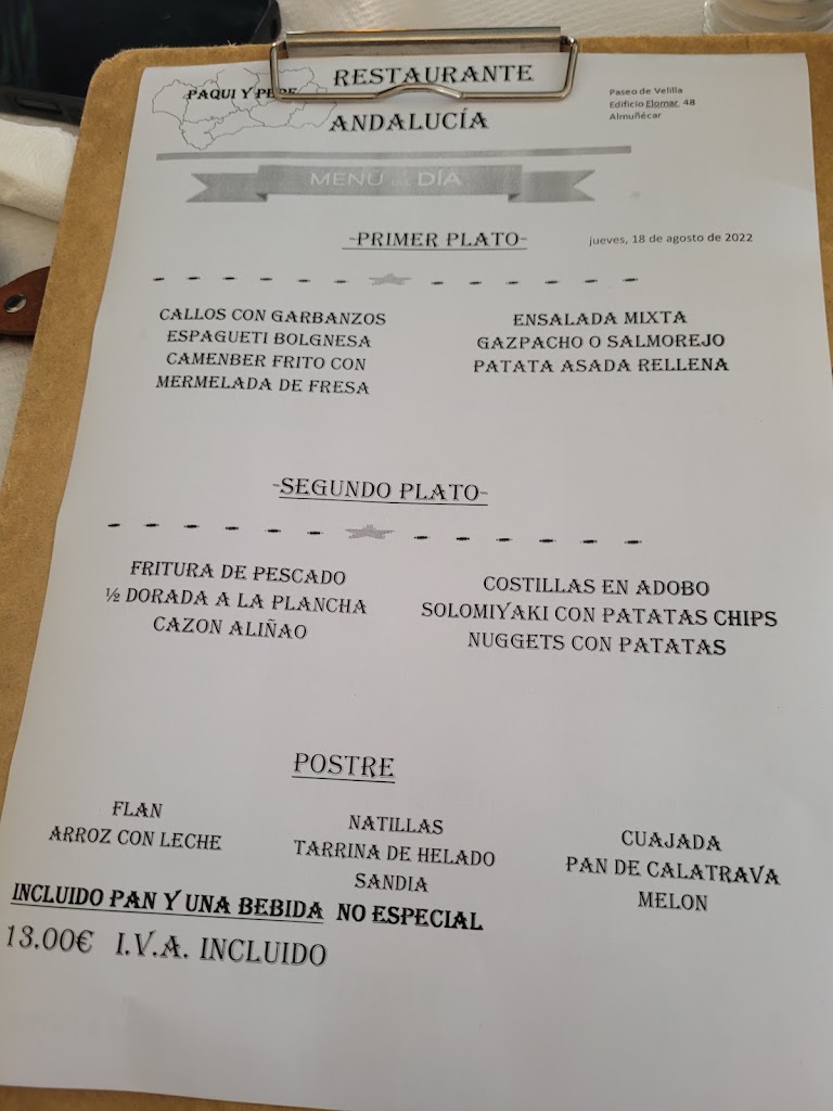 Restaurante Andalucia — Carta