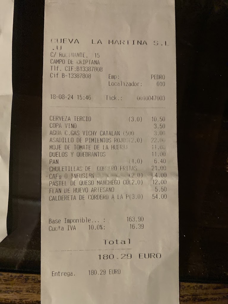 Restaurante Cueva La Martina — Carta