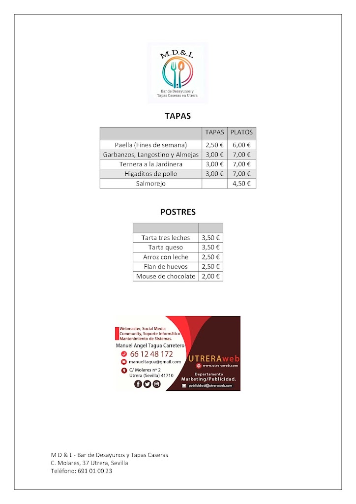 M D & L Bar de Tapas en Utrera — Carta